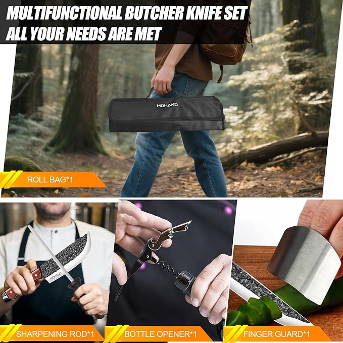 Butcher Knife Set, Hand Forged Kitchen Chef Knife Set with Roll Bag | High Carbon Steel 14PCS Meat Cleaver Knife, Bone Chopper Knives, Fillet Knives for Kitchen, Camping Outdoor BBQ, Gift for Men