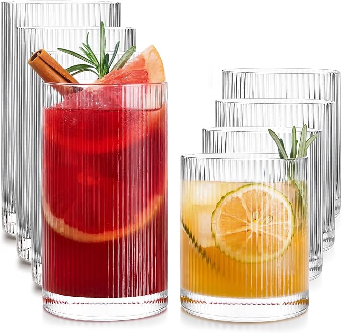 Drinking Water Glass Cups Set,Crystal Clear ribbed Glass set of 8,17oz&12oz | Unique Design Vintage Cocktail Glass, Tall Glass Cups Ideal for Ice Coffee Cup, Whiskey, Mixed Drinkware
