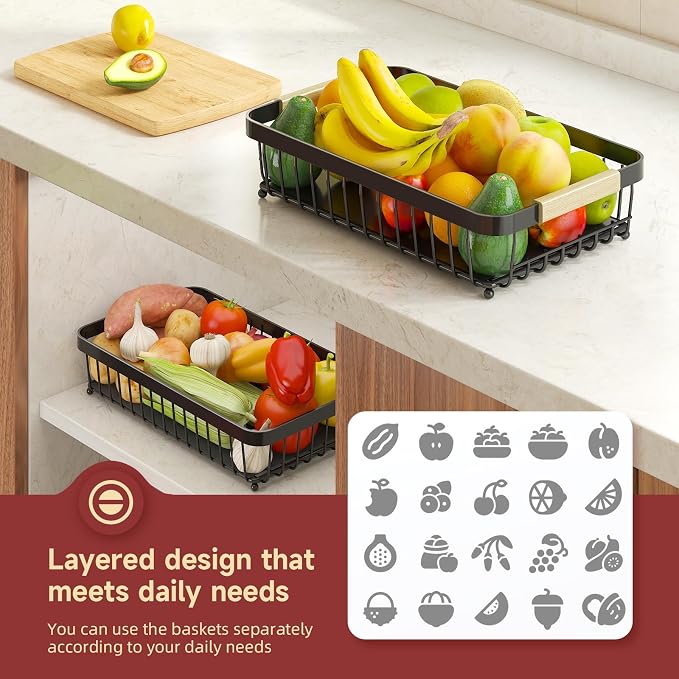 3-Tier Fruit Basket with Banana Hangers, Detachable Metal Bowl | Wooden handle, protective mats included. Versatile holder for bread, snacks, and veggies. Large 3 tier metal design.