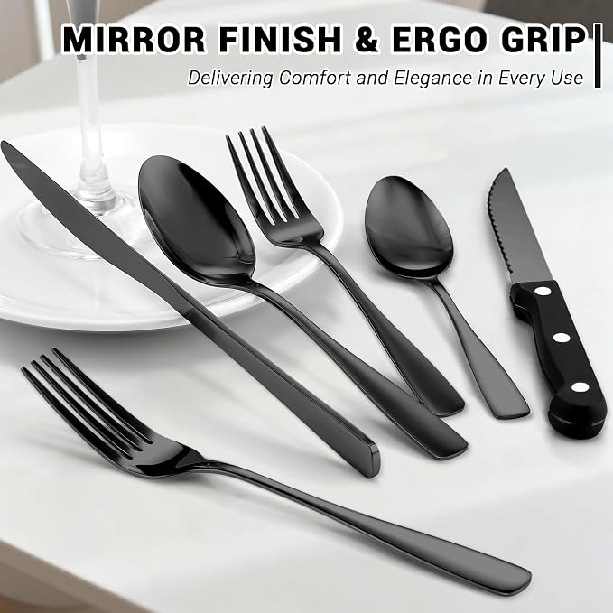 BEWOS 48-Pieces Black Silverware Set for 8 - Stainless Steel Flatware Set with Mirror Polish, Black Silverware Set Including Steak Knives, Forks and Spoons, Dishwasher Safe for Restaurant