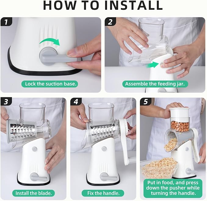 Rotary Cheese Grater Hand Crank with Reinforced Suction & 5 Blade | Strong Suction Base Stays Firm, 5 Interchangeable Blades, Great for Vegetables & Nuts, Mandoline Slicer for Kitchen, White
