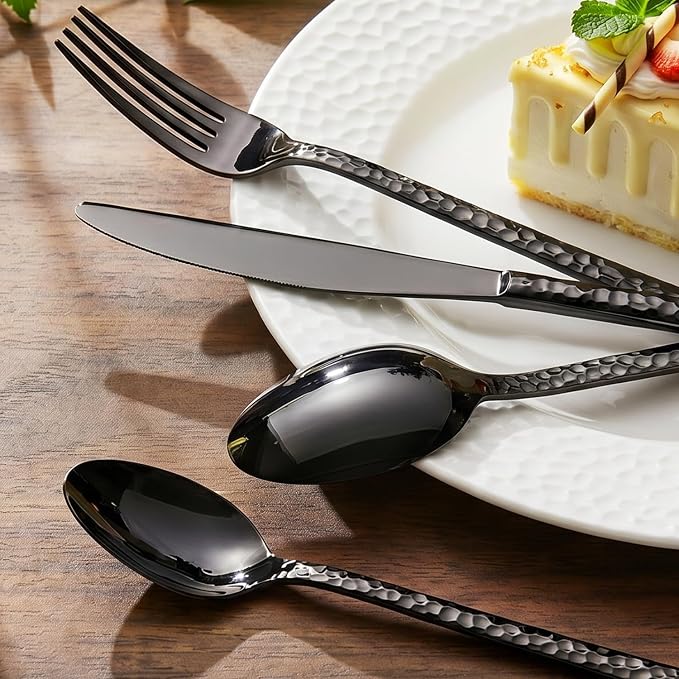 60 Piece Black Silverware Set,18/10 Stainless Steel Hammered Flatware for 12