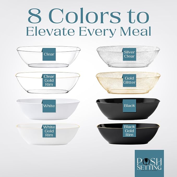 4 Pack Disposable Oval Plastic Party Bowls, Glitter Gold Serving Bowls | Oval Bowl Design. Disposable Party Tableware. Chip, Snack & Candy Bowls. Gold Serving Dishes. Party & Event Use.