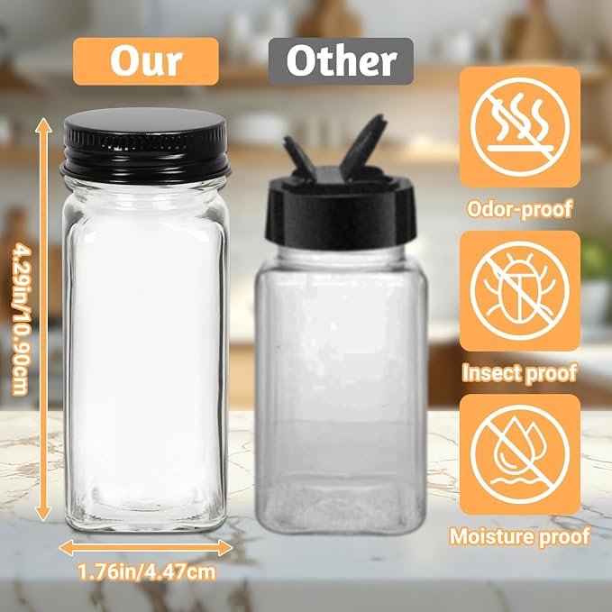 6 Pack Glass Spice Jars with Labels, 4oz Spice Containers with Black Lids | Includes 60 Labels, Metal Funnel, Extra Shaker Lids & Stirring Stick for Kitchen Seasoning Organization