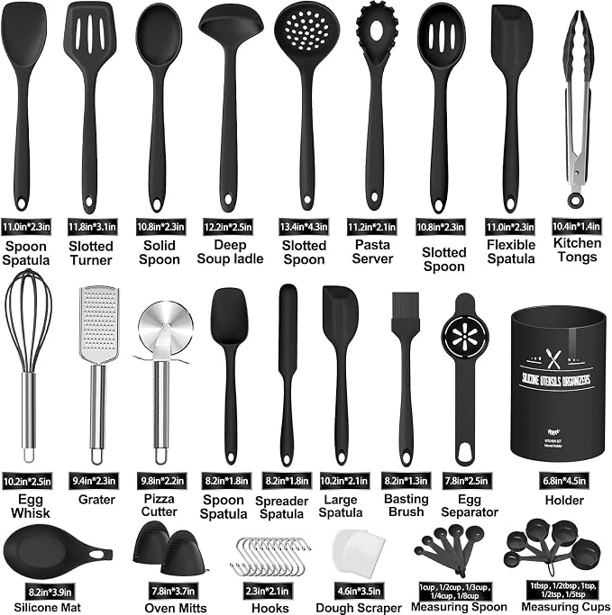 43 Pcs AIKKIL Kitchen Utensils Set, Heat Resistant Silicone Cooking Kitchen Utensils Set with Holder, Spoon, Spatula, Kitchen Gadgets Tools Set For Nonstick Cookware, Dishwasher(BPA Free, Black)