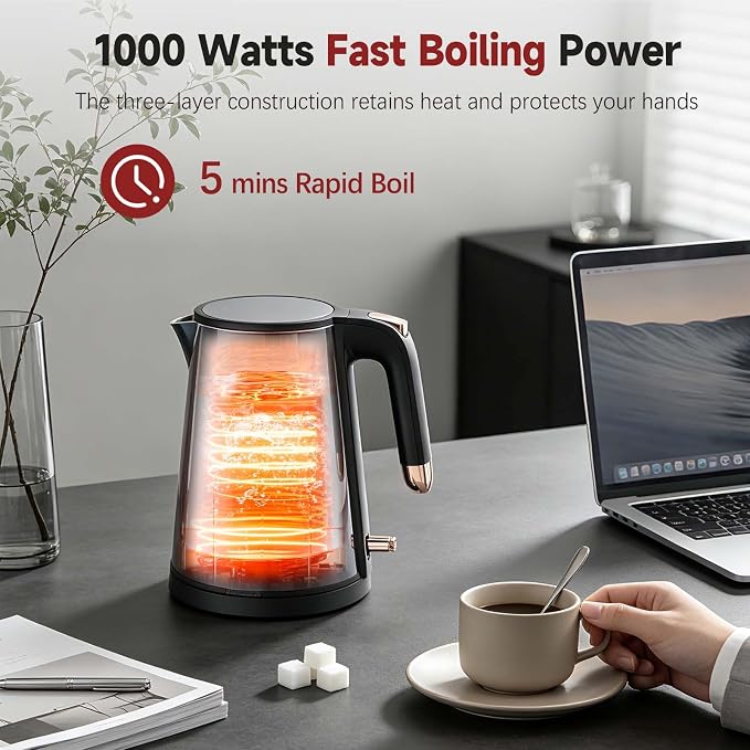 Electric Kettle 1.0L, Triple-Wall Insulated Metal Shell, 1000W | 304 Stainless Steel, BPA-Free, Auto Shut-Off, One-Push Operation, Dry Boil Protection, Fast Boiling for Tea Office Home