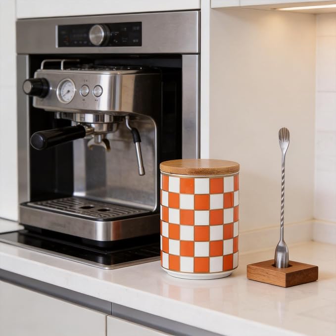 Kitchen Countertop Ceramic Checkered Canisters,Black And White Food Storage Containers With Lid,Airtight Kitchen Canisters for Flour, Sugar, Coffee, Tea, and Dry Goods (Orange, Small)