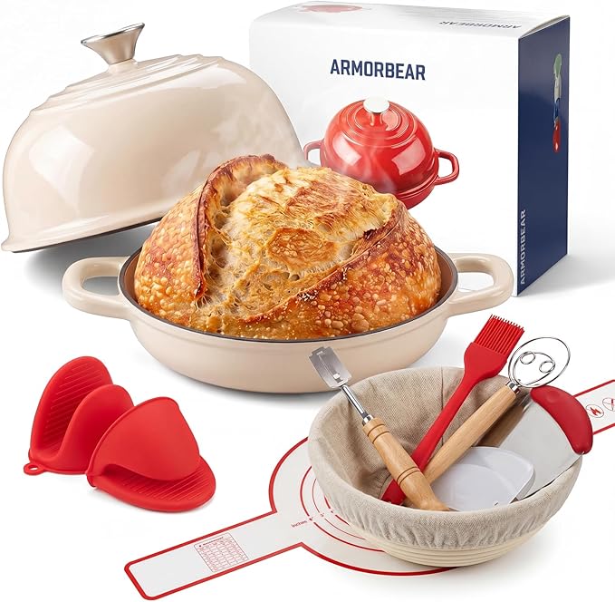 5QT Enameled Cast Iron Sourdough Bread Oven & Starter Kit, White | Tight-fitting Dome Lid Helps Retain Steam, Baking Kit Supports Proofing, Scoring & Dough Transfer, Complete Artisan Bread Set