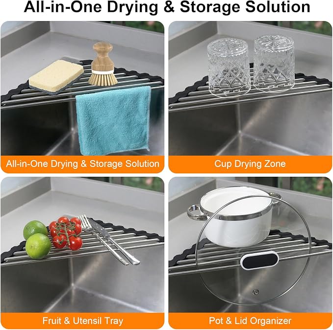 Corner Dish Drying Rack, Kitchen Sink Caddy Sponge Holder, Triangle Over The Sink Dish Drying Rack for Kitchen Counter, Roll Up Dishes Drainer Mat RV Essentials Organization and Storage Shelf, Black