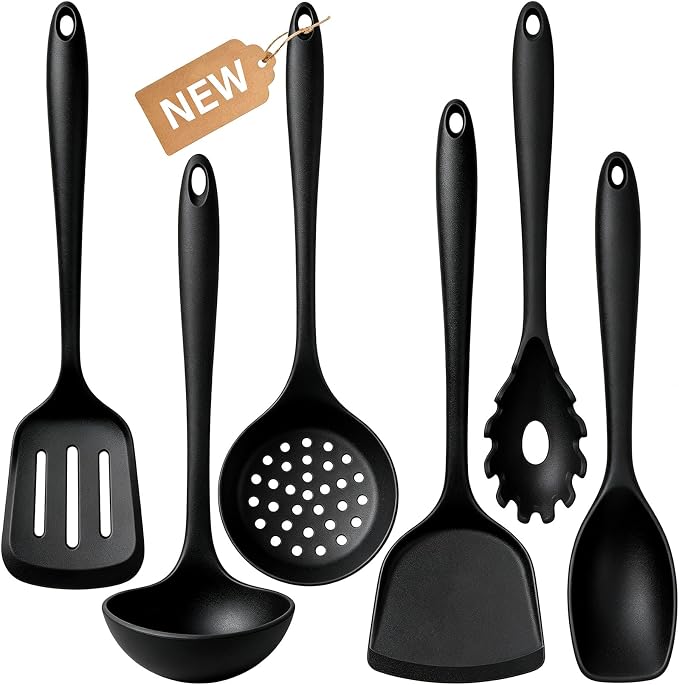 Thickened Silicone Kitchen Utensils Set, Upgrade 6 PCS Nonstick Cooking Utensils Set, Heat Resistant and BPA Free Silicone Utensil Spatula Set for Cooking with Turners, Spoon, Skimmer and Ladle(Black)
