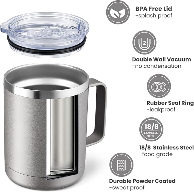 MEWAY 12oz Coffee Mug With Handle 8 Pack Bulk,Stainless Steel Insulated Travel Tumblers With Sliding Lid,Double Wall Vacuum Camping Cup for Hot & Cold Drinks Tea (Cold Grey,Set of 8)