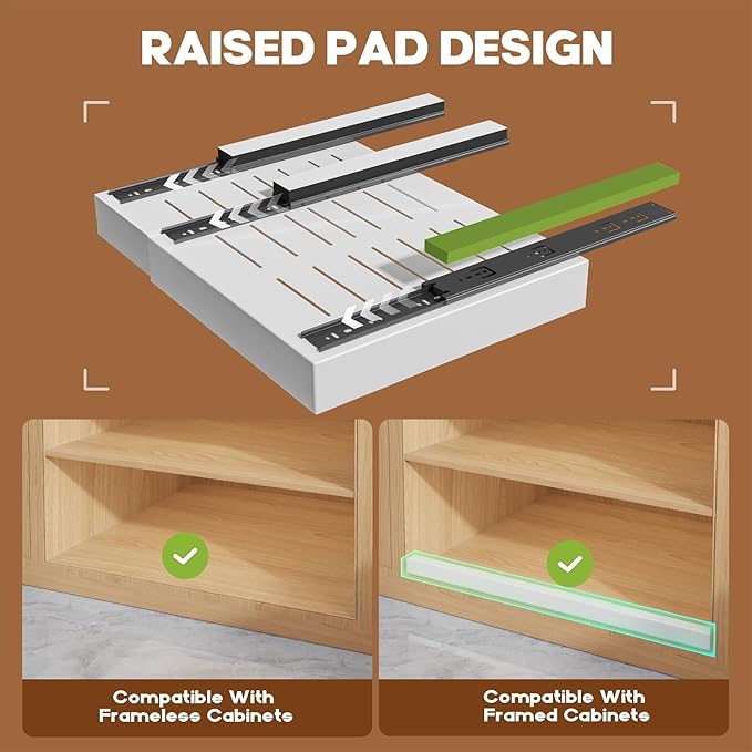 Seinloes 2 Pack Pull Out Cabinet Organizer for Wide Cabinets,Expandable 15.1"-26.3" Width,21" Deep Slide Out Drawers With Raising Pad for Framed Cabinets,3 Slide Rails,No Drill Roll Out Shelves,White
