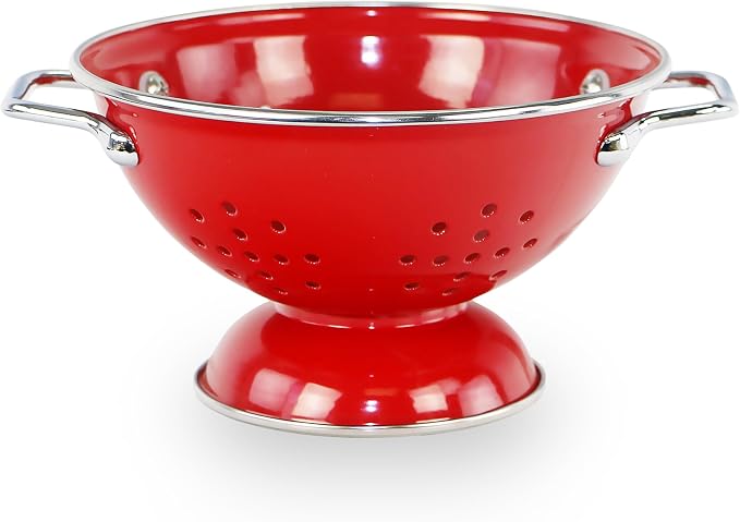 Reston Lloyd, 1 Quart Powder Coated Steel Kitchen Strainer Basket for draining Pasta, Vegetable and Fruit, Chrome Handles and Wide Stable Base, Red