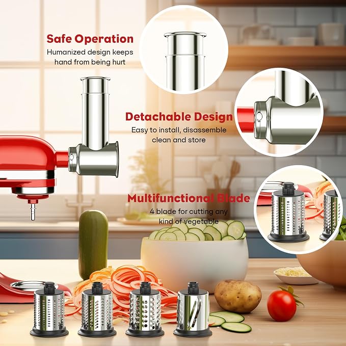 Stainless Steel Slicer Shredder Attachment for Kitchenaid Stand Mixer | Cheese Grater & Vegetable Cutter, Salad Maker for Kitchenaid Mixer, Grinding Powder with 4 Blades by FOCOLLK