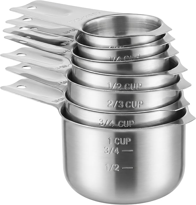 Stainless Steel Measuring Set, Stackable Design Metal Cups and Spoons, Engraved Markings for Dry and Liquid Ingredients 7PCS Silver(cup)