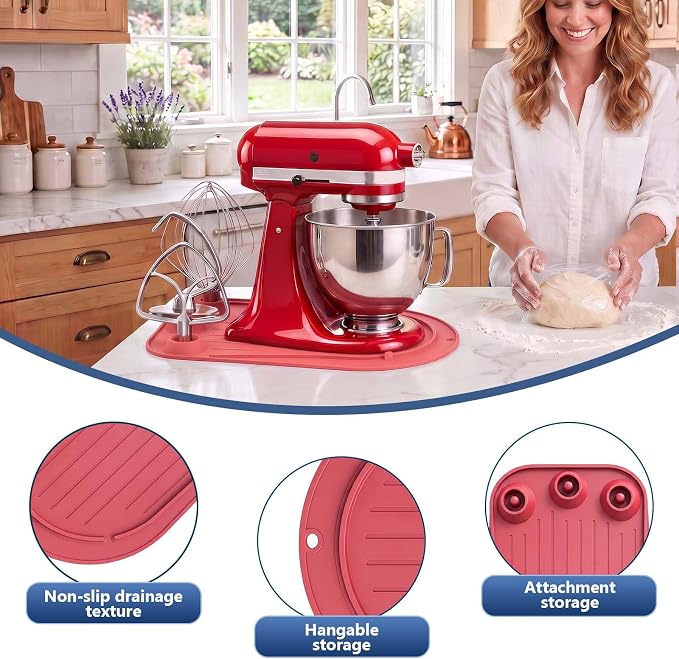 Upgraded Mixer Slider Mat for KitchenAid 4.5-5 Qt Tilt-Head Stand Mixer | Silicone Countertop Mover with 3 Attachment Storage Slots, Non-Slip Mixer Pad Organizer for Dough Hook Whisk Flat Beater, Red