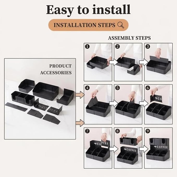 Expandable 2 Tier Coffee Station Organizer, Coffee Bar Organizer with 11 Compartments & Cup Holder Rack, Coffee Pod Holder for K Cups, Tea Bags, Sugar Packets, Countertop Coffee Accessories Storage