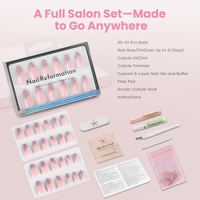 Nail Reformation Press On Nails, Lavender Silk | Medium Almond Fake Nails | with Natural Nude Base & Shimmer Wavy French Tip, Reusable Stick On Nails Kit - 30 Pcs in 15 Sizes, Manicure Gifts for Women