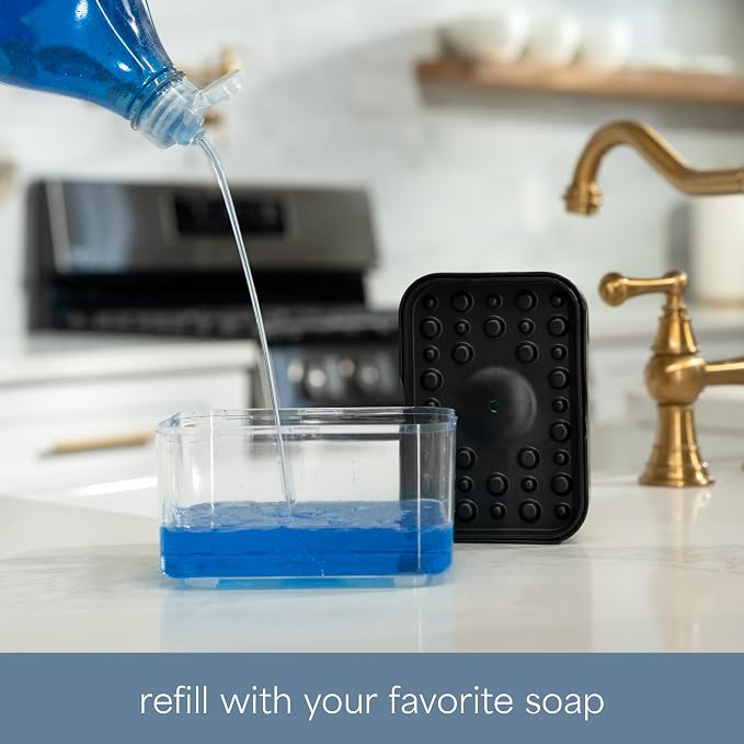 S&T INC. Dish Soap Dispenser and Sponge Holder, Matte Black | Holds 13 Fluid Ounces, Sponge Included, Anti-Slid Feet, Push to Dispense Perfect Amount of Dish Soap