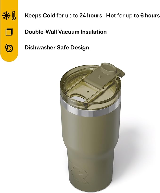 RTIC 20oz Essential Tumbler with Lid, Ceramic Lined, Olive | Insulated, Stainless Steel Metal, Portable Travel Cup for Hot and Cold Drinks, Coffee, Car, Camping and Travel