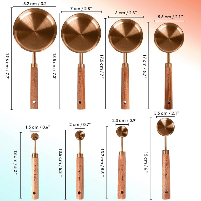 Collection 8 Piece Rose Gold Measuring Cups Set and Measuring Spoons, Golden With fragrant wood Handles-Complete Set of Measure Cups and Spoons For Cooking and Baking.