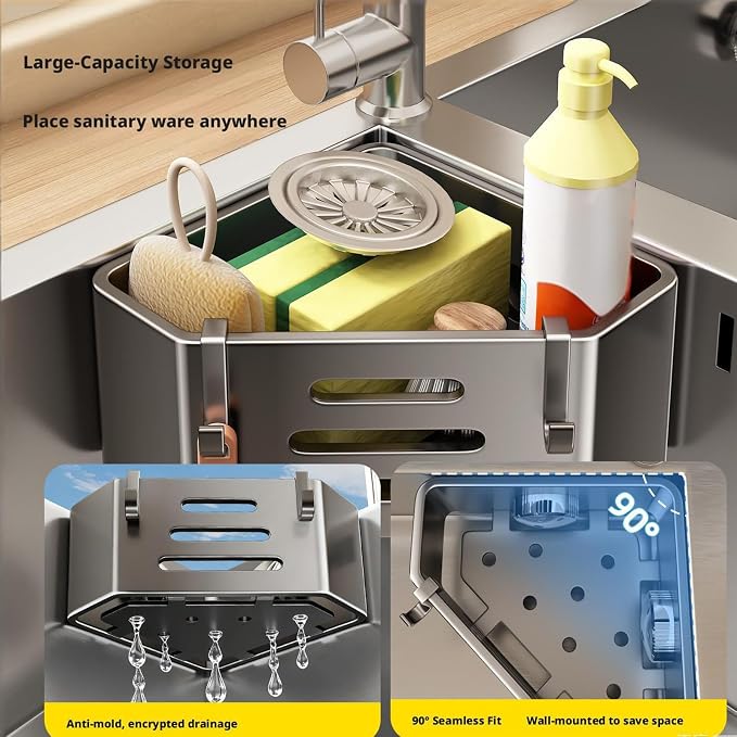 Kitchen Sink Sponge Holder – Adhesive No-Drill Caddy, Rustproof Organizer with Suction Cups | Storage Rack for Sponge, Soap, Stopper & Brush (Sink Caddy With 2 Hooks) | Kitchen Sink Sponge Holder