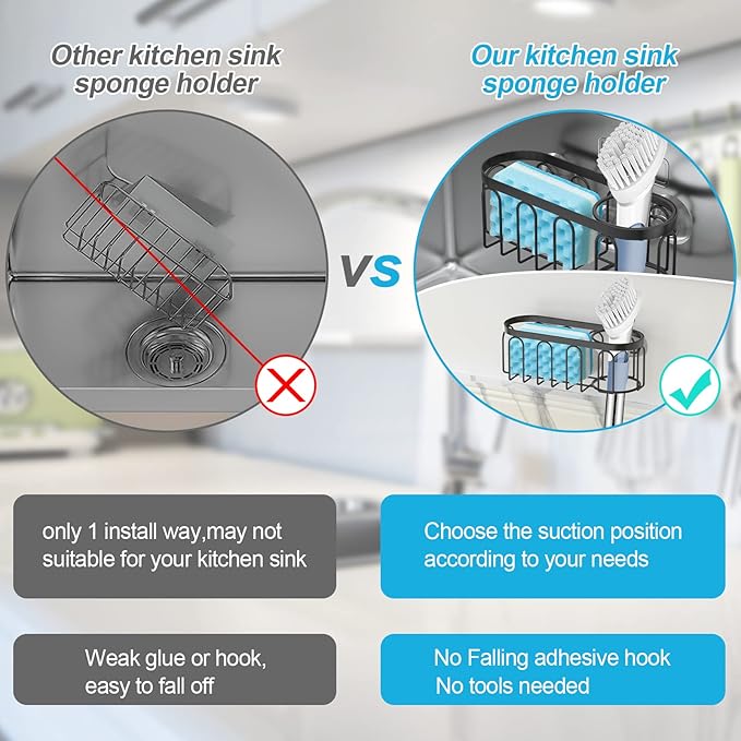 2-in-1 Sponge Holder for Kitchen Sink, Sink Caddy Kitchen Sink Organizer with 3 Suction Cups, No Drill Rustproof Sink Sponge Holder for Dish Brush, Soap & Sponge (Black)