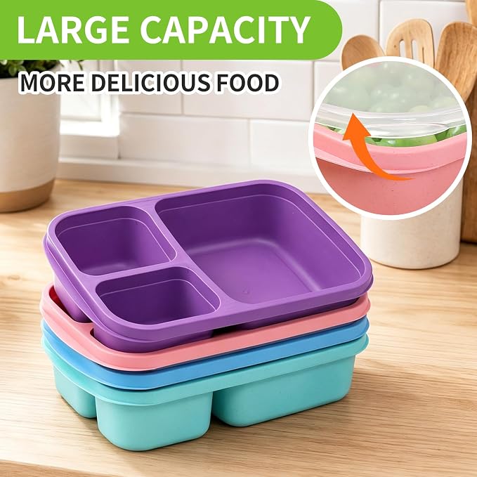 buluker 8 Pack Bento Lunch Box Set 3 Compartment Food Storage Containers Wheat Straw Meal Prep Lunch Box Plastic Food Storage Containers, Microwave and Dishwasher Safe (Vivid Colors)