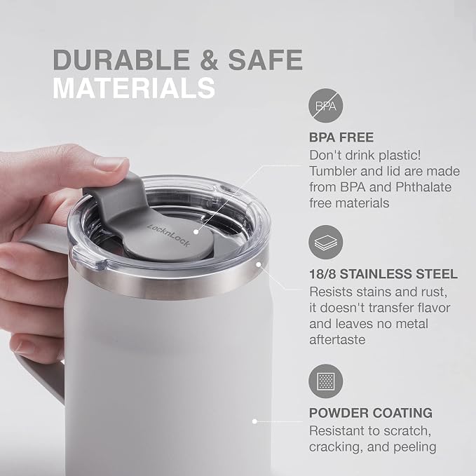 LocknLock Metro Mug, Premium 18/8 Stainless Steel Metal, Double Wall Insulated, Portable Coffee Cup with Lid and Handle for Hot and Cold Drinks, Ivory, 20 oz