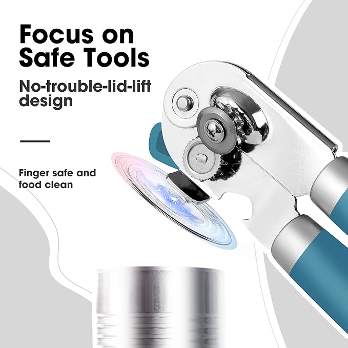 Beneno Heavy Duty Hand Can Opener Manual with Magnet Lid Remover, Aqua | Razor-Sharp Carbon Steel Blade, Precise Smooth Cutting Gear, Big Effort-Saving Knob, Soft Grip Handle, Built-in Bottle Opener