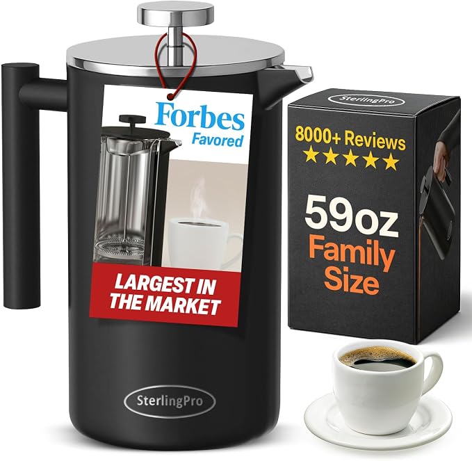 SterlingPro Extra Large Insulated Stainless Steel French Press Coffee Maker 59oz – Insulated Metal XL Double Wall Coffee Maker | Plastic Free | Cool-Touch | Black Finish | Makes up to 16 Cups/8 Mugs