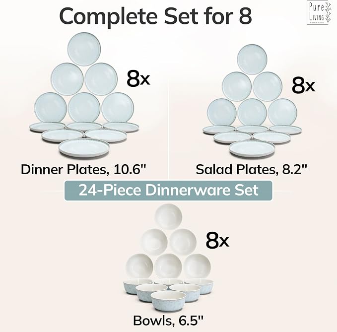 24 Piece Stoneware Dinnerware Set for 8 - Handmade Reactive Glaze Plates and Bowls Set - Chip & Scratch Resistant Dish Set - Dishwasher Microwave Safe - Light Beige & Blue