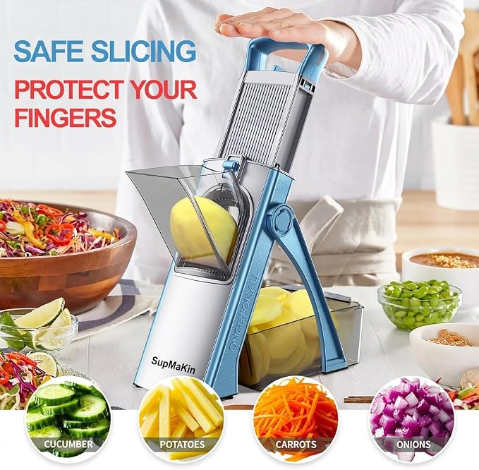 SupMaKin Upgrade Safe Mandoline Slicer Plus, Vegetable Chopper, Potato Slicer, Food Slicer Onion Chopper, Fry Cutter, Veggie Salad Dicer Kitchen Chopping Artifact Gifts (Blue) | 0.1-8mm, Cut Resistant Stainless Steel Blades,Potato Fry Cutter, Onion Cho...
