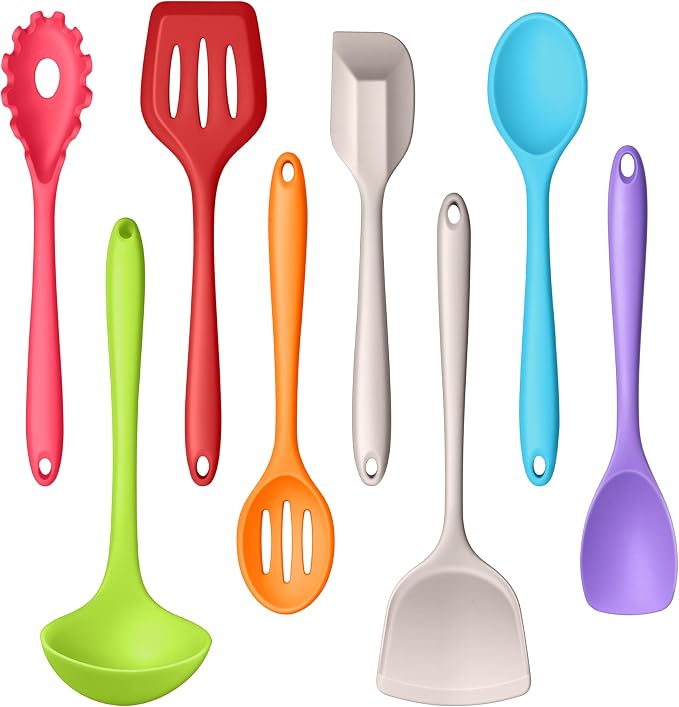 LIANYU Colorful Kitchen Cooking Utensils Set, 8Pcs Silicone Utensils Set | Heat Resistant Cooking Gadgets for Nonstick Cookware, Include Silicone Spoon, Turner, Spatula, Ladle, Multi-Color