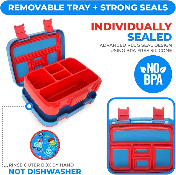 kinsho Bento Lunch Box Container for Kids, Boys Age 3 to 5, Blue Pirates | 5 Portion Sections, BPA-Free Spill-Proof Leakproof Removable Plastic Tray, Snacks and Lunches for Toddlers Pre-School Daycare