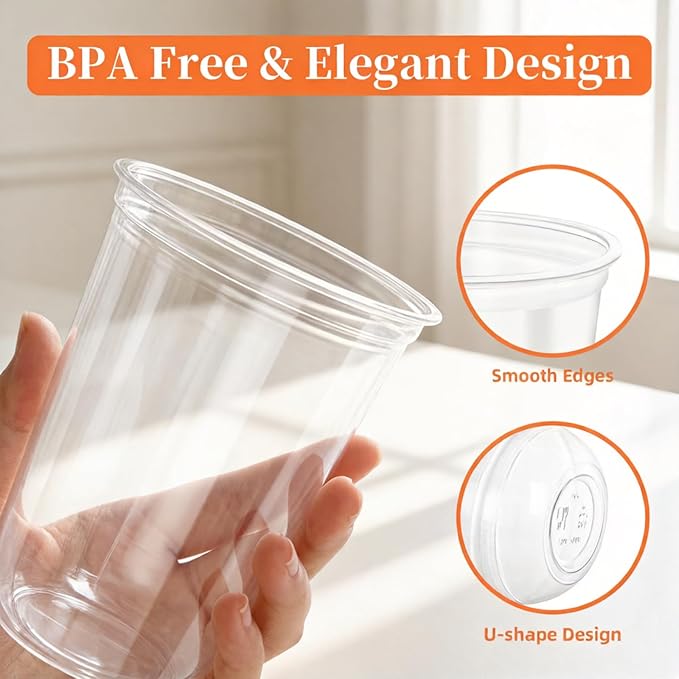 WELLIFE 16 oz Clear Plastic Cups 100 Pcs | Disposable Wine Glasses Stemless Cocktail Punch Cups for Cold Drinking Party Supplies, Halloween Thanksgiving Christmas