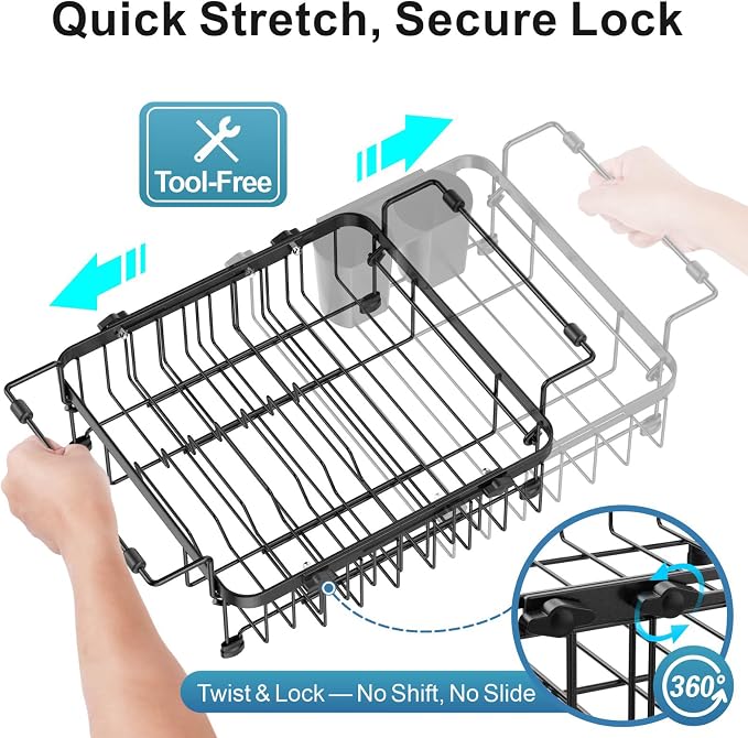 Dish Drying Rack Over the Sink - Expandable Rust-Resistant Drainer | Twist-Lock Adjustment, Removable Utensil Holder, Handles with Non-Slip Beads, Space-Saving for Kitchen Apartment, RV