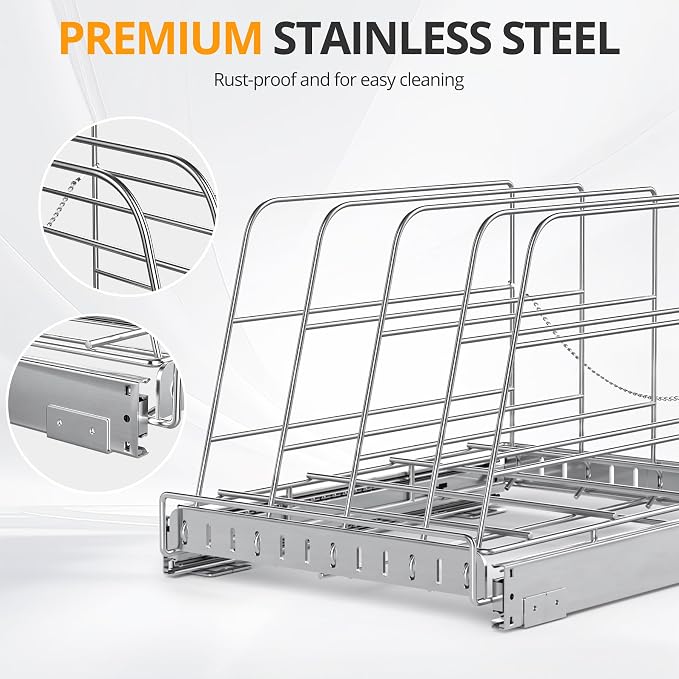NestSprout Pull Out Cabinet Organizer for Cutting Board, Cookie Sheet, Baking Sheet, Stainless Steel Sliding Rack for Bakeware & Trays, Heavy-Duty Cutting Board Organizer 12.9”W x 16.5”D | Stainless Steel Sliding Rack for Bakeware & Trays, Heavy-Duty C...