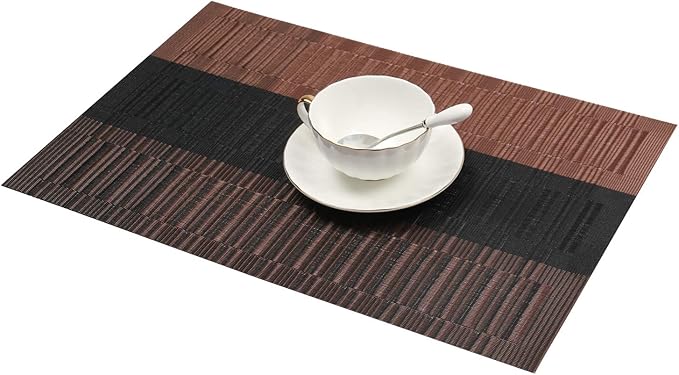 SHACOS Placemats with Table Runner Set of 7 Woven Vinyl Plastic Wipe Clean Heat Resistant Table Mats and Runner Set for Dining Table, Ombre Coffee Black