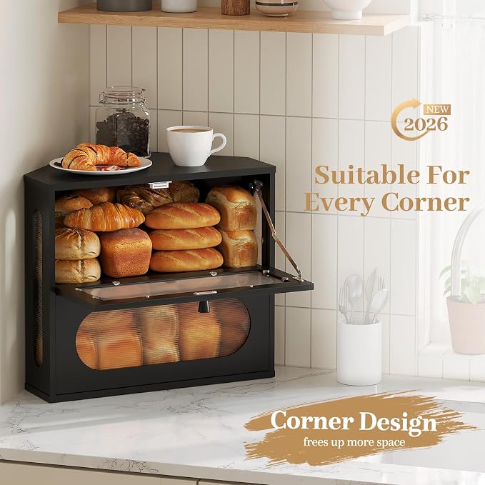 Corner Bread Box for Kitchen Countertop, 2026 New Double Layer Bamboo Bread Storage Bin, Large Bread Container for homemade bread (Black)