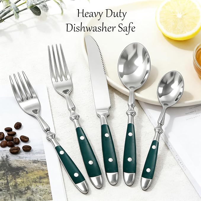 Vintage Silverware Set Service for 4, Flatware Set with Green Bakelite Handle, Stainless Steel Cutlery Set, Dishwasher Safe
