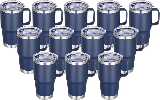 20 oz Stainless Steel Tumbler with Handle Bulk Metal Insulated Tumblers Travel Coffee Mug with Handle Double Wall Tumbler Cup with Lid and Straw, Navy 12 Pack