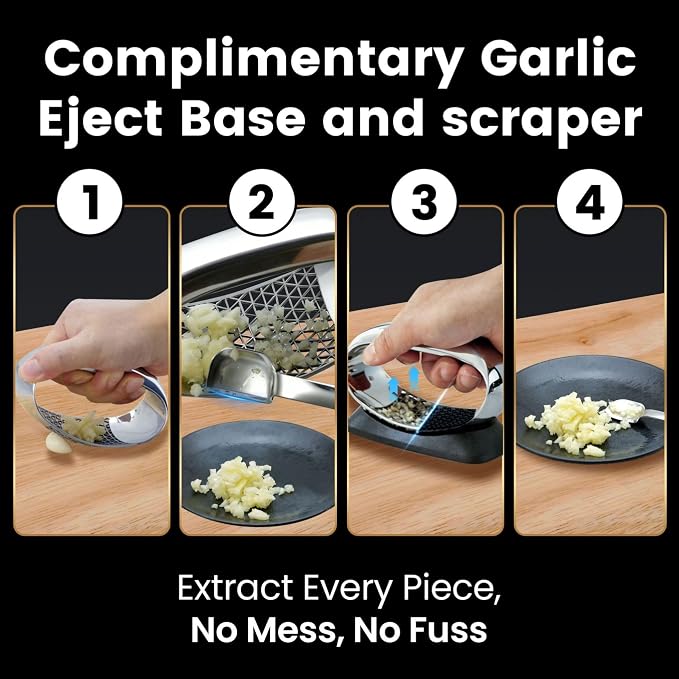 Gourmet Easy Stainless Steel Garlic Press Rocker with Eject Base & Scraper | Innovative 3D Cutting, Easy Crush & Clean Garlic Mincer, Premium Garlic Tool with Ergonomic Grip, 5-Year Warranty