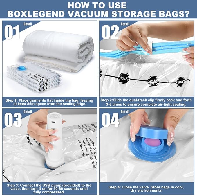 BoxLegend Vacuum Storage Bags with Electric Pump 26 Combo (3X-Jumbo, 5 Jumbo, 5 Large, 8 Medium, 5 Small) Thickened Vacuum Seal Bags for Clothing Space Saving for Coat Quilt Blanket Pillow Comforters