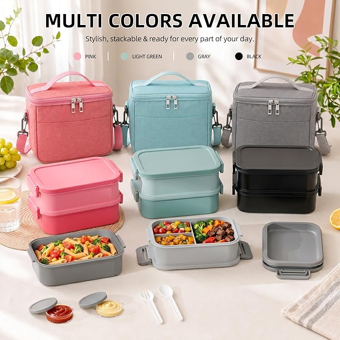 Bento Box Adults Lunch Box - 2130ml Lunch Box for Men with Insulated Lunch Bag, Utensils & Sauce Container, Leak Proof Bento Box for Boys, Reusable Plastic Lunch Containers for Work, Meal Prep, Black