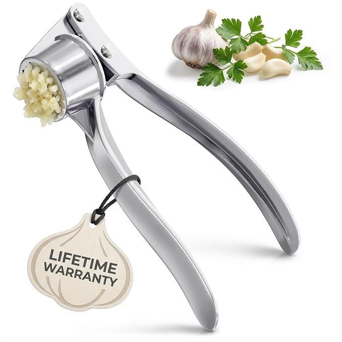 Metal Garlic Press - Ginger Mincer with 37 Built-In Studs for Maximum Extraction, Garlic Crusher for Ginger and Soft Nuts, Rust-Resistant, Ergonomic Handle, No Peel Needed, Hand Wash Only, Silver
