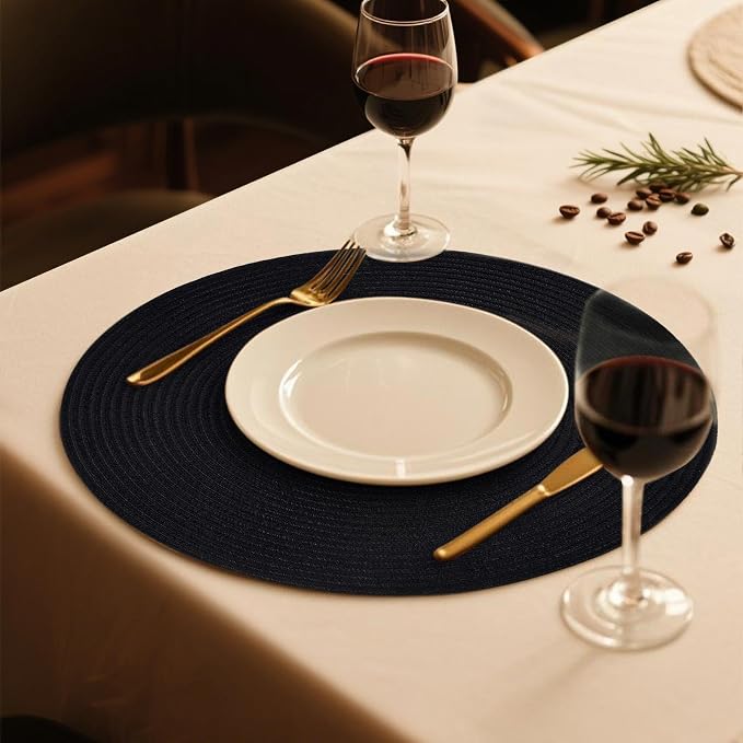 FunWheat Round Braided Placemats Set of 8 Place mats for Dining Tables Woven Heat Resistant Table Mats 15 inch (Black,8pcs)