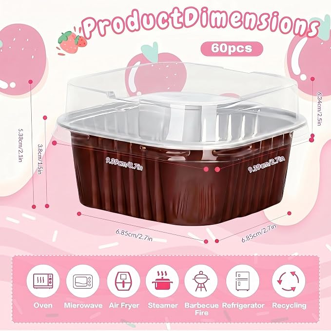 60Pack 5oz Brown Mini Cake Pans with Lids Baking Cups Aluminum Foil Pans Tins, Individual Dessert Cups Containers for Sales,Party,Picnics
