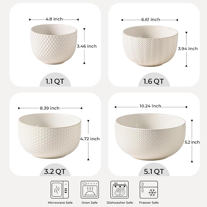 Ceramic Mixing Bowls Set of 4, Nesting Bowls for Kitchen | Large Embossed Serving Bowls for Mixing, Prep, Baking, Salad, Soup & Pasta, Microwave Dishwasher Safe