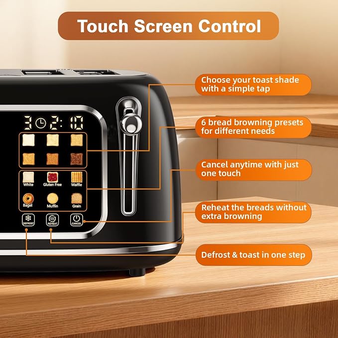 Mecity Toaster 4 Slice, Touch Screen Wide Slot Retro Toaster For Breads Bagel Muffin Waffle, House Warming Gift New Home, 120V 1650W, Jet Black